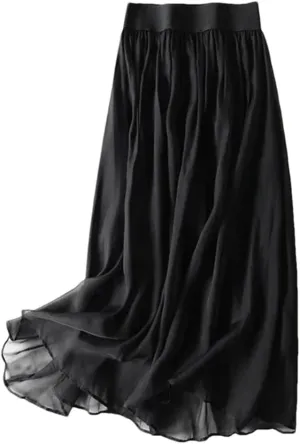 Women Summer Silk Tulle Skirts Slim Vacation Silk Maxi Skirt Solid Thin A-Line Midi Skirt