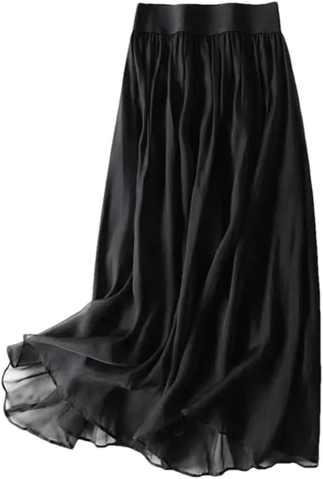 Women Summer Silk Tulle Skirts Slim Vacation Silk Maxi Skirt Solid Thin A-Line Midi Skirt