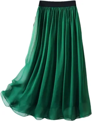 Women Summer Silk Tulle Skirts Slim Vacation Silk Maxi Skirt Solid Thin A-Line Midi Skirt