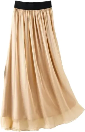 Women Summer Silk Tulle Skirts Slim Vacation Silk Maxi Skirt Solid Thin A-Line Midi Skirt