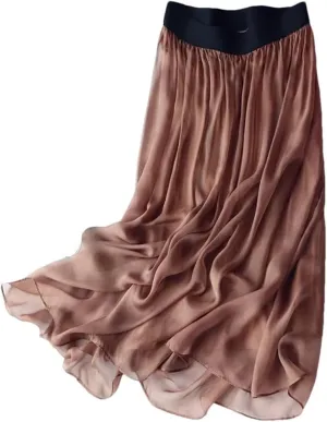 Women Summer Silk Tulle Skirts Slim Vacation Silk Maxi Skirt Solid Thin A-Line Midi Skirt