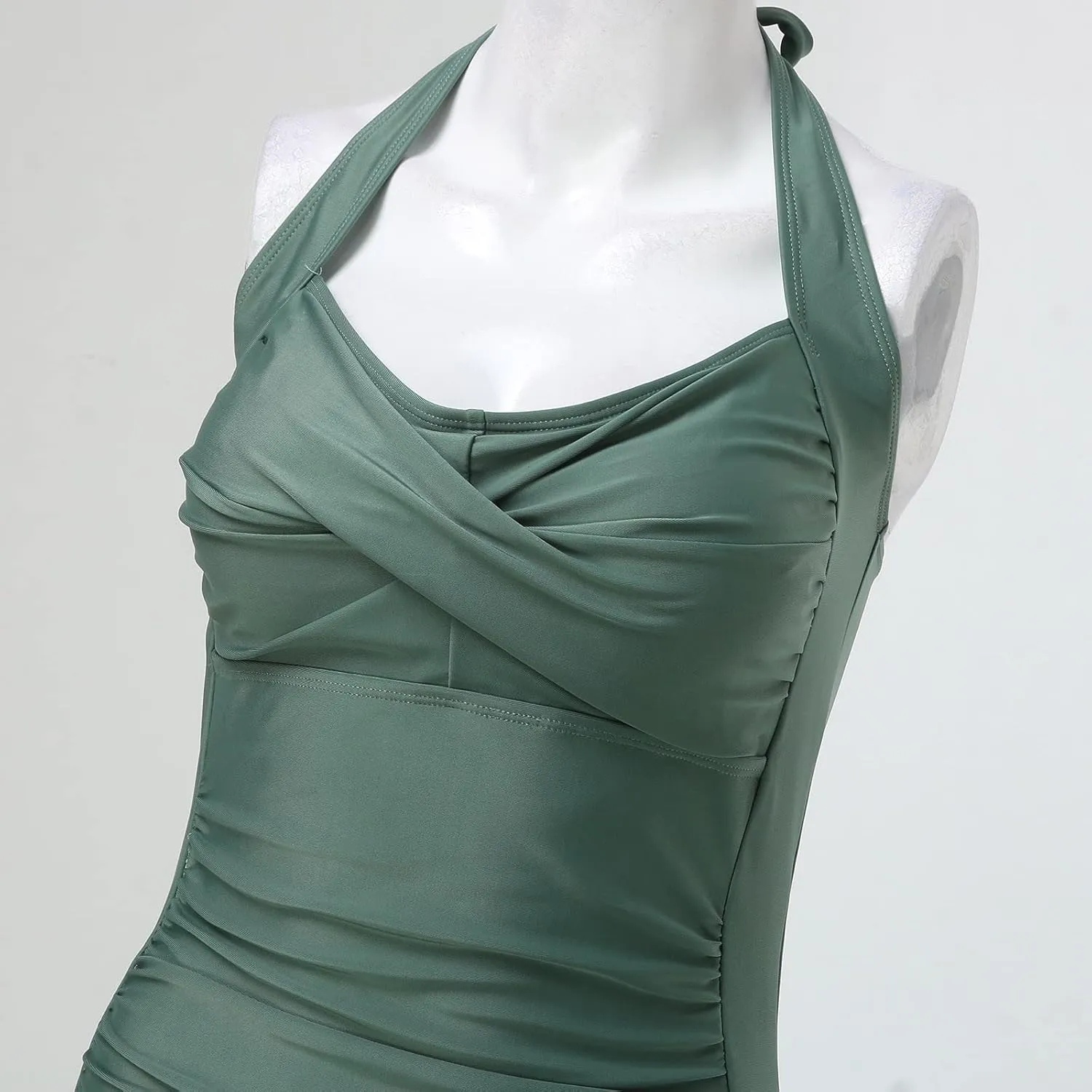 Women Tummy Control One Piece Bathing Suits Push Up Halter Swimsuits Slimming Ruched Vintage Retro Swimwear Boyleg