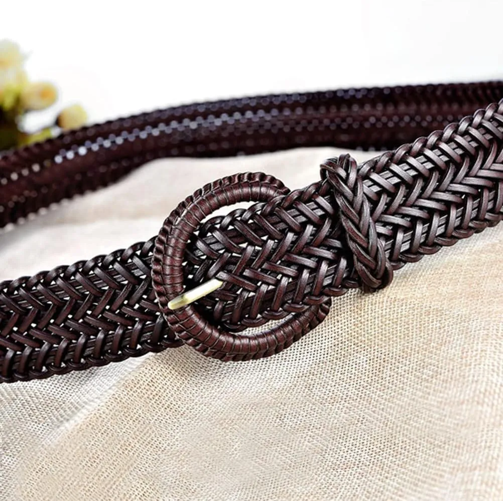 Women Wide Braided Leather Belt 1.6 inch Ladies Soft Woven Waistband with Buckle