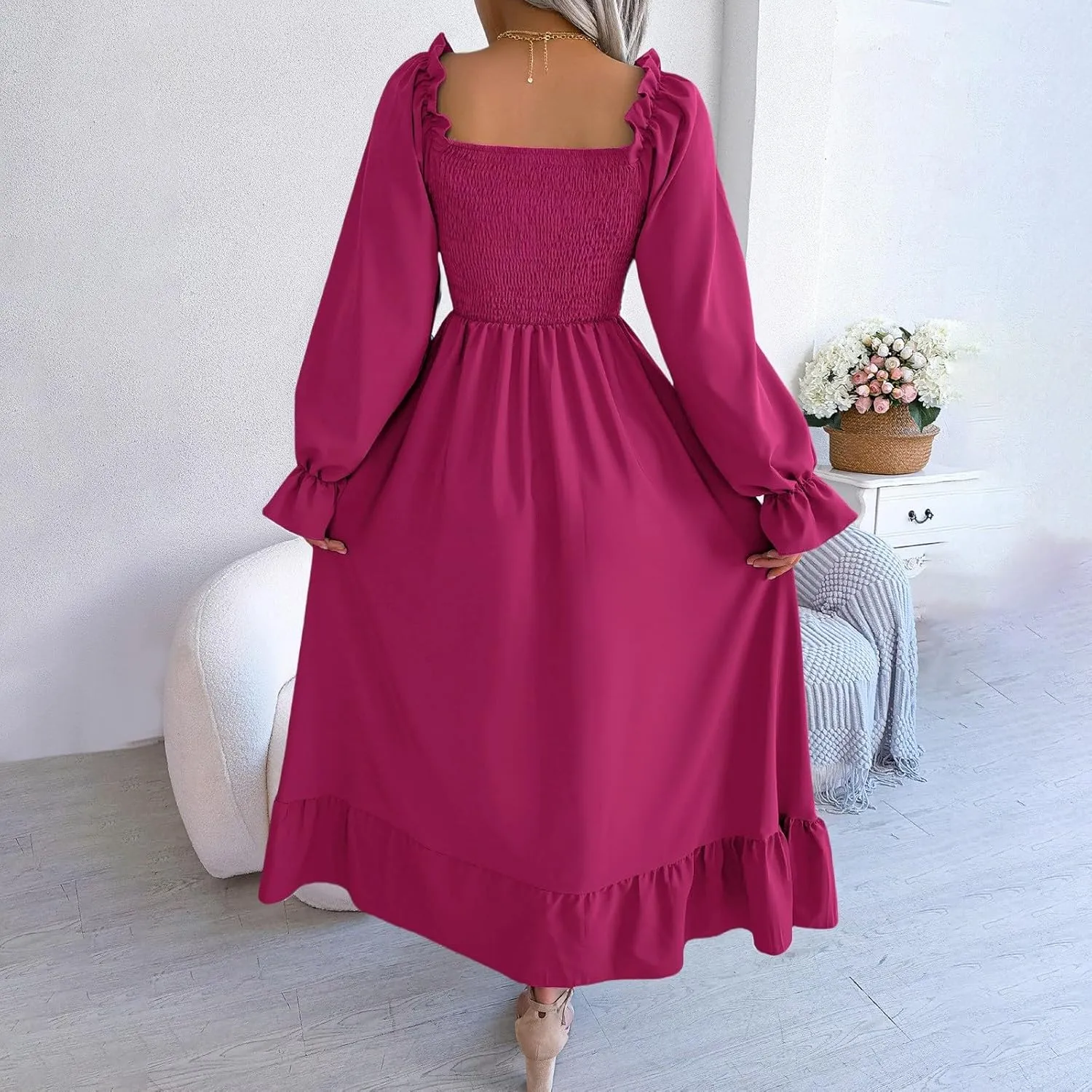 Women's 2025 Casual Long Sleeve Smocked Dress V Neck High Waist Ruffle Tiered Midi Dresses Women's