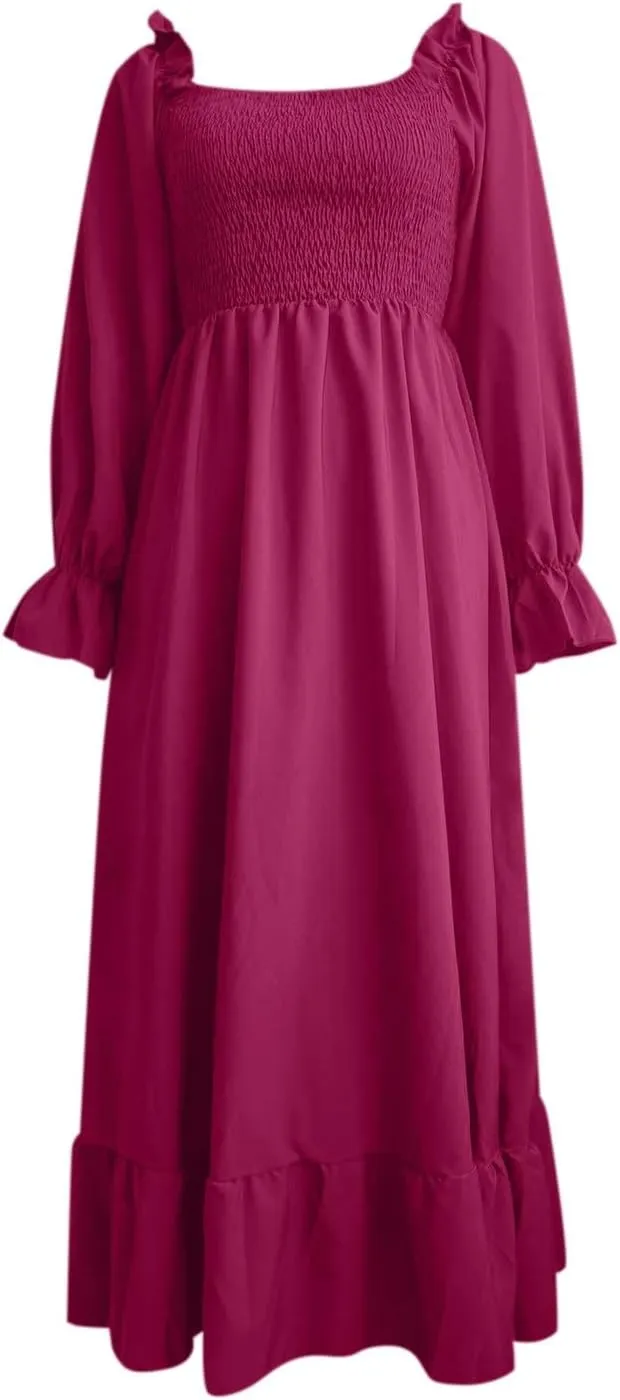 Women's 2025 Casual Long Sleeve Smocked Dress V Neck High Waist Ruffle Tiered Midi Dresses Women's