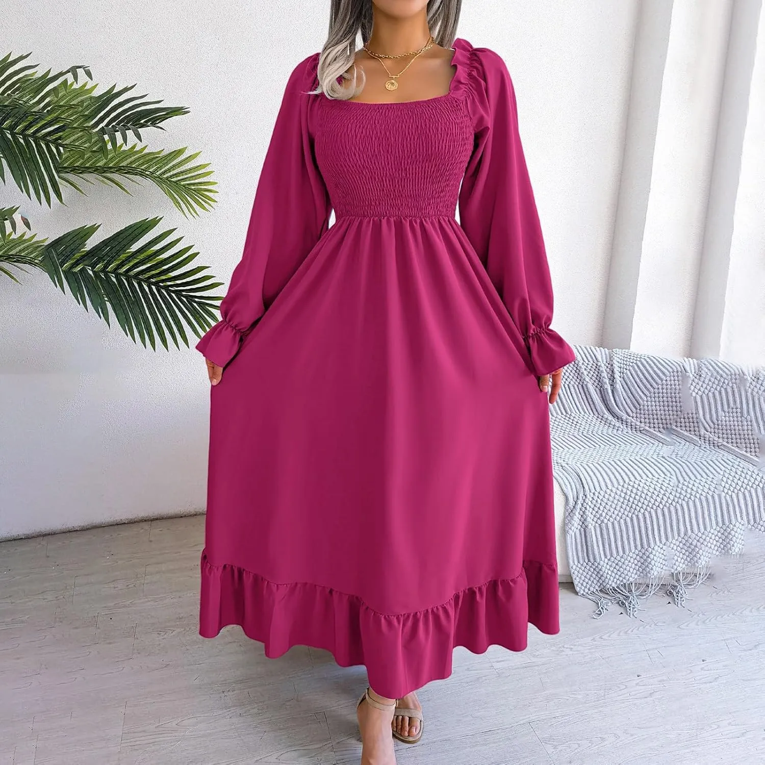 Women's 2025 Casual Long Sleeve Smocked Dress V Neck High Waist Ruffle Tiered Midi Dresses Women's