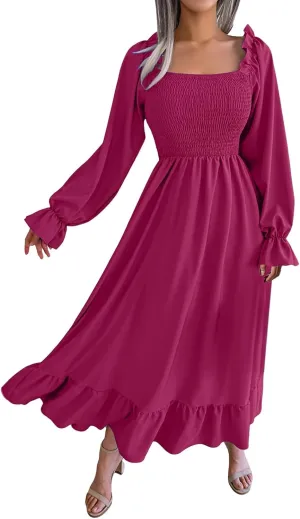 Women's 2025 Casual Long Sleeve Smocked Dress V Neck High Waist Ruffle Tiered Midi Dresses Women's