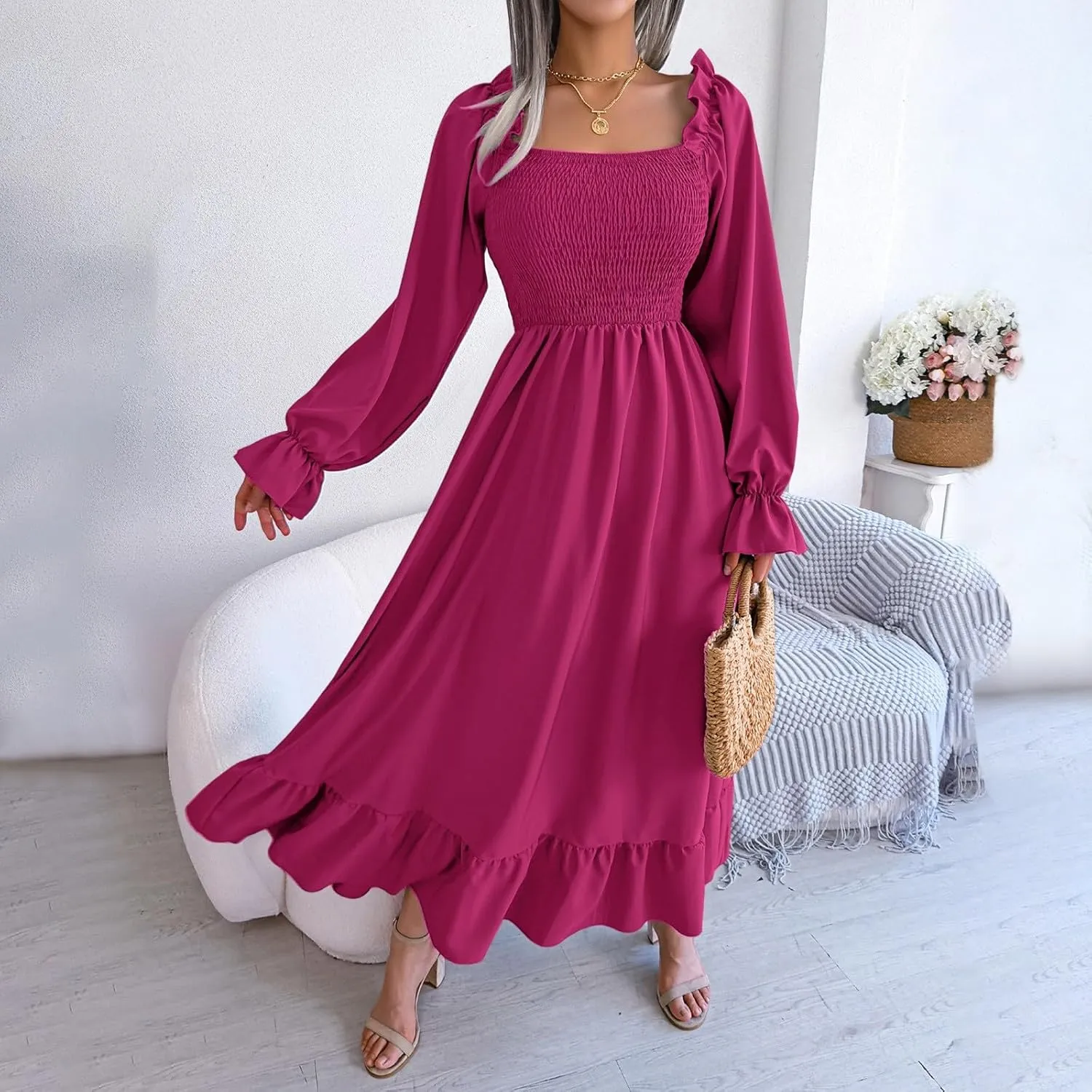 Women's 2025 Casual Long Sleeve Smocked Dress V Neck High Waist Ruffle Tiered Midi Dresses Women's