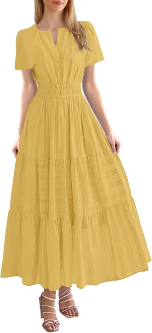 Womens 2025 Summer Puff Short Sleeve Midi Dress V Neck Floral Textured Ruffle Flowy Beach Party Dresses