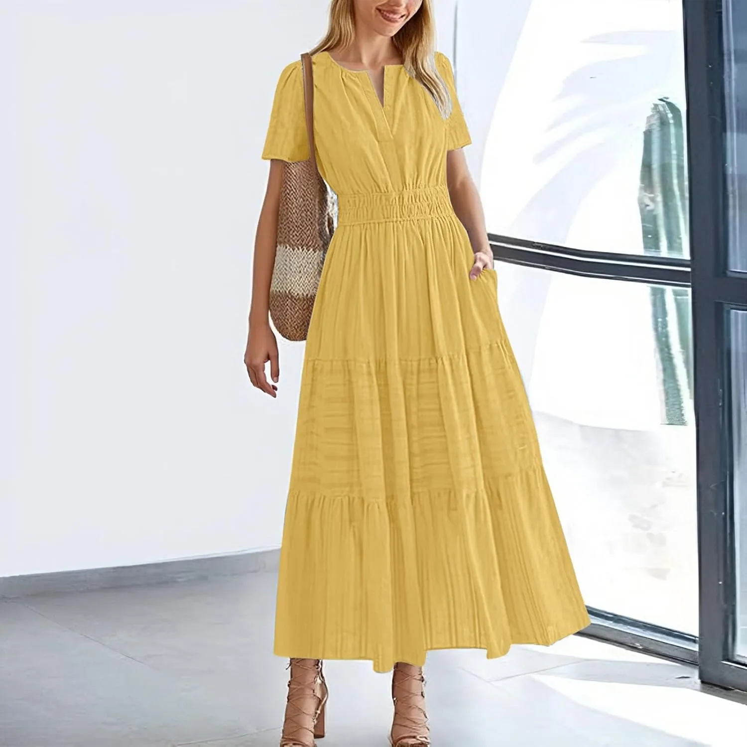 Womens 2025 Summer Puff Short Sleeve Midi Dress V Neck Floral Textured Ruffle Flowy Beach Party Dresses