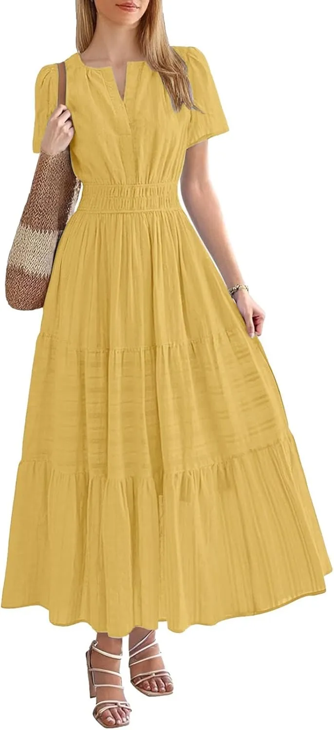 Womens 2025 Summer Puff Short Sleeve Midi Dress V Neck Floral Textured Ruffle Flowy Beach Party Dresses