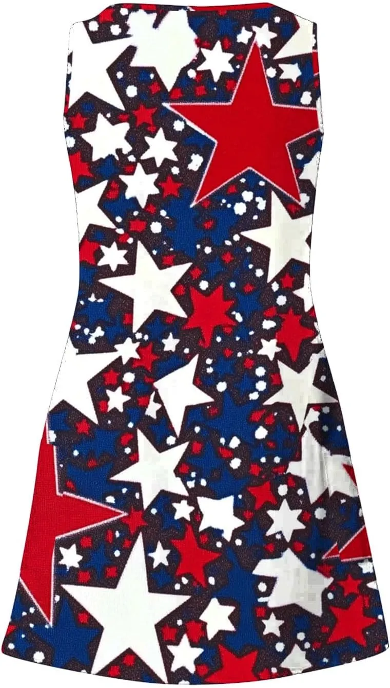 Womens 4th of July Sundress Sleeveless V Neck Patriotic Tank Dress Casual Loose Flowy Mini Short Dress