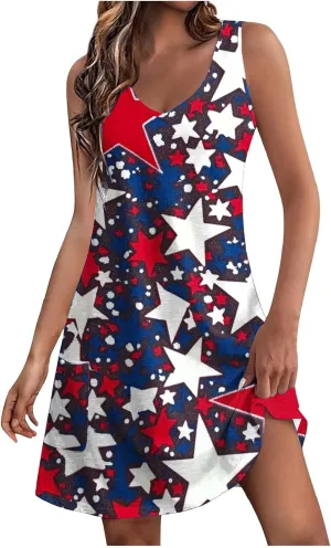 Womens 4th of July Sundress Sleeveless V Neck Patriotic Tank Dress Casual Loose Flowy Mini Short Dress