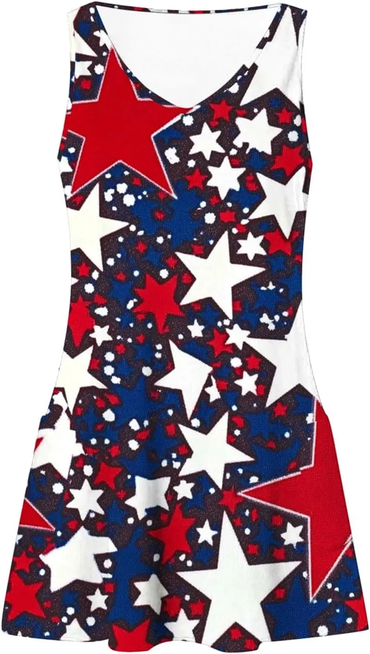 Womens 4th of July Sundress Sleeveless V Neck Patriotic Tank Dress Casual Loose Flowy Mini Short Dress