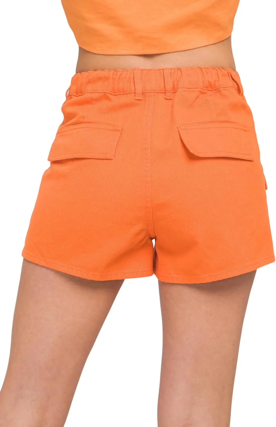Women's & Juniors High Waisted Denim Shorts with Cargo Pockets, Denim Blue and Orange