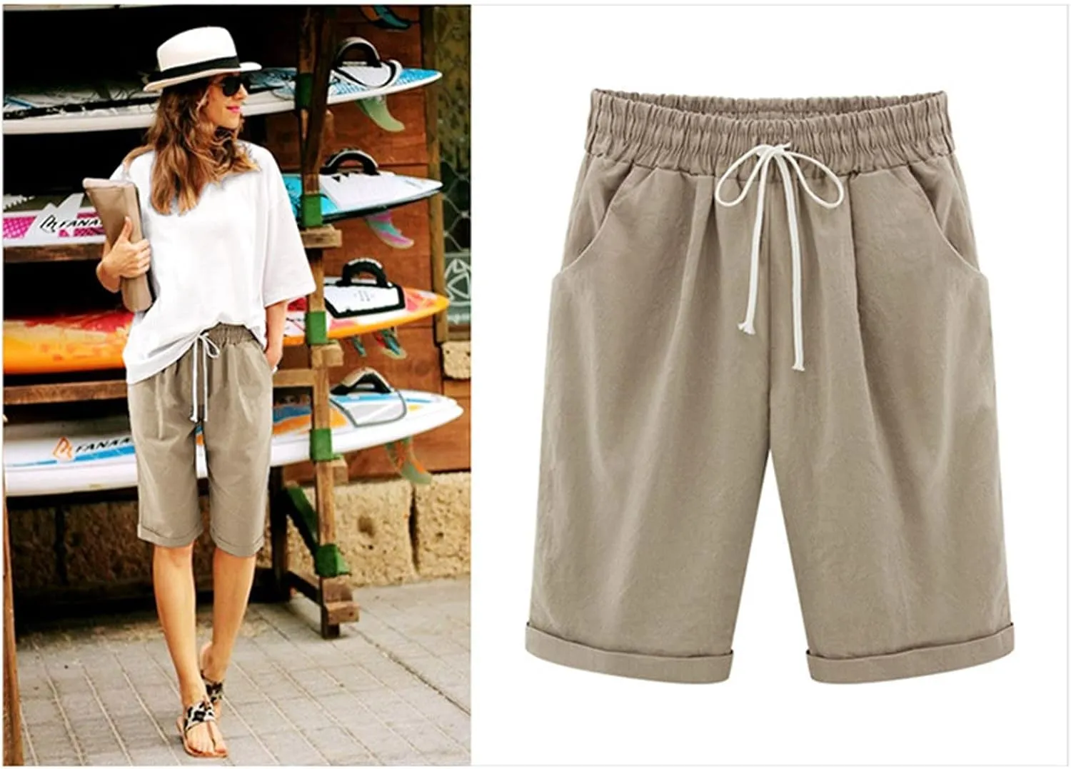 Womens Bermuda Shorts for Summer Knee Length Plus Size Shorts Elastic Waist Drawstring Linen Shorts with Pocket