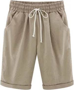 Womens Bermuda Shorts for Summer Knee Length Plus Size Shorts Elastic Waist Drawstring Linen Shorts with Pocket