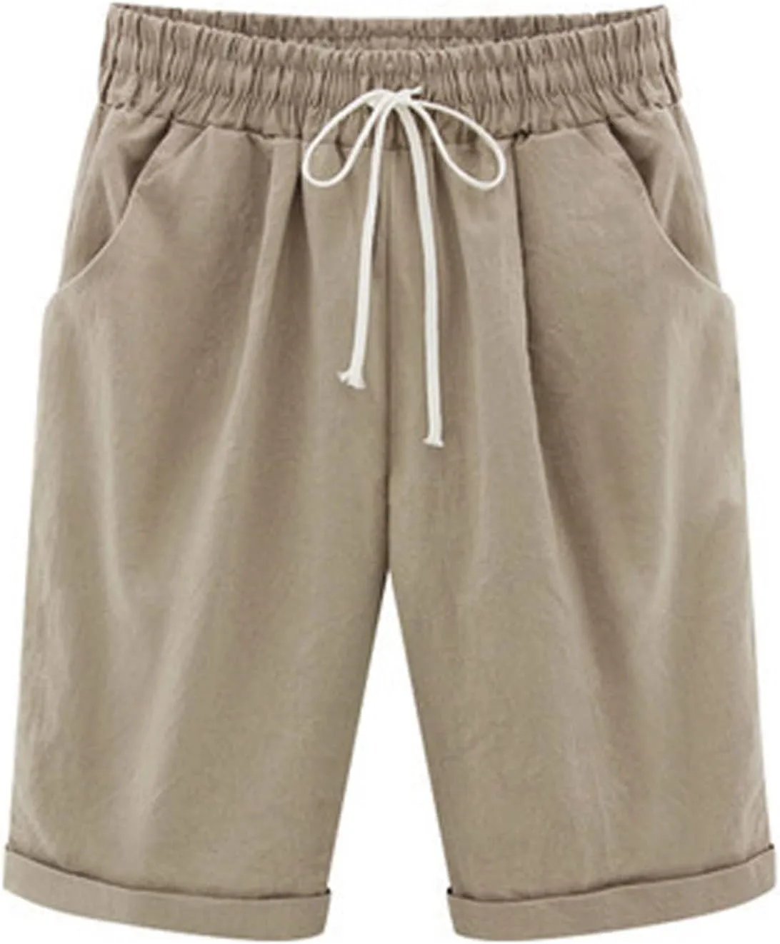 Womens Bermuda Shorts for Summer Knee Length Plus Size Shorts Elastic Waist Drawstring Linen Shorts with Pocket