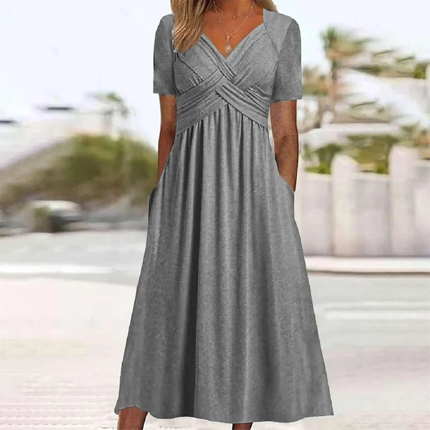 Women's Boho Floral Flowy A Line Midi Dress Casual Summer Short Sleeve Beach Vacation Dresses with Pockets