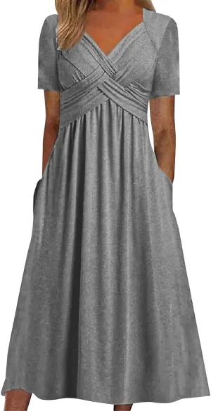 Women's Boho Floral Flowy A Line Midi Dress Casual Summer Short Sleeve Beach Vacation Dresses with Pockets