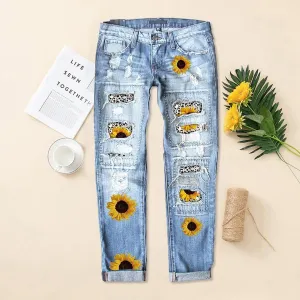 Womens Boyfriend Plaid Patch Ripped Denim Jeans with Hole Stretchy Skinny Flowers Denim Pants
