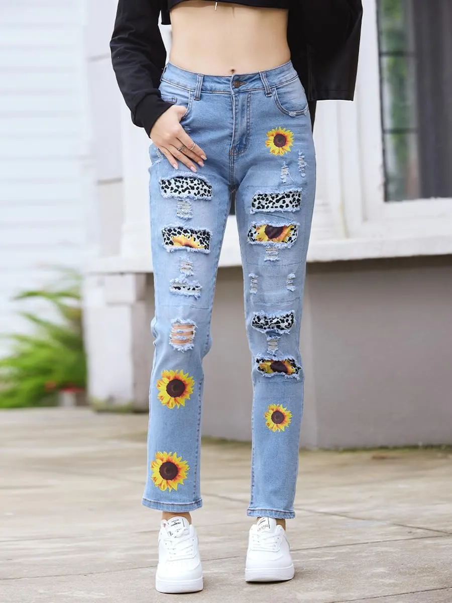Womens Boyfriend Plaid Patch Ripped Denim Jeans with Hole Stretchy Skinny Flowers Denim Pants