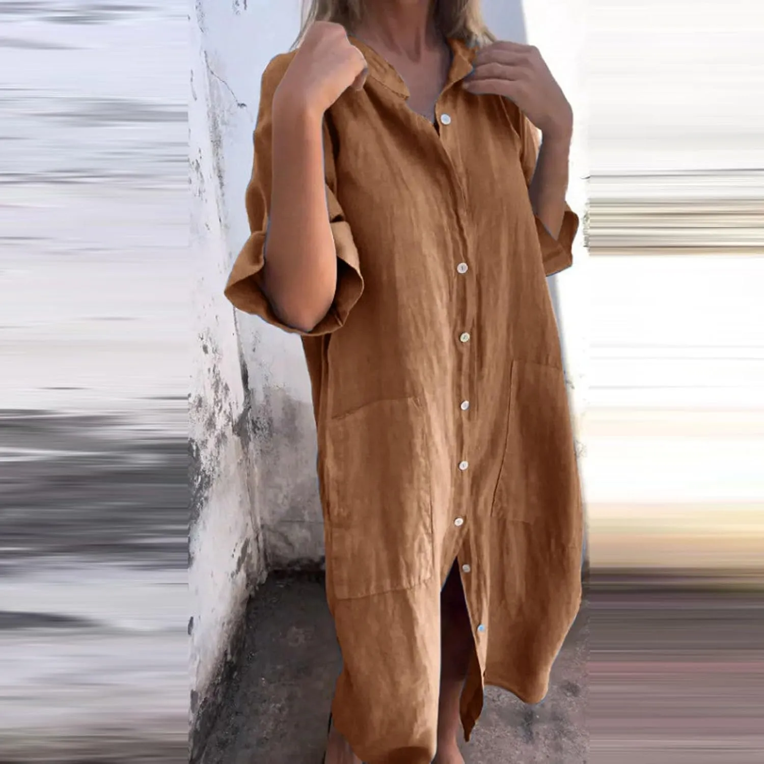 Womens Button Down Rolled-Up Sleeve Long Cotton Linen Blouse Maxi Dress Loose Casual Shirt Swimsuit Cover Up Dresses