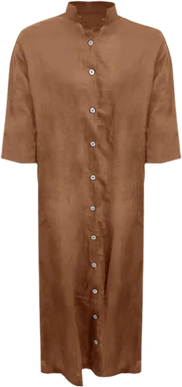 Womens Button Down Rolled-Up Sleeve Long Cotton Linen Blouse Maxi Dress Loose Casual Shirt Swimsuit Cover Up Dresses