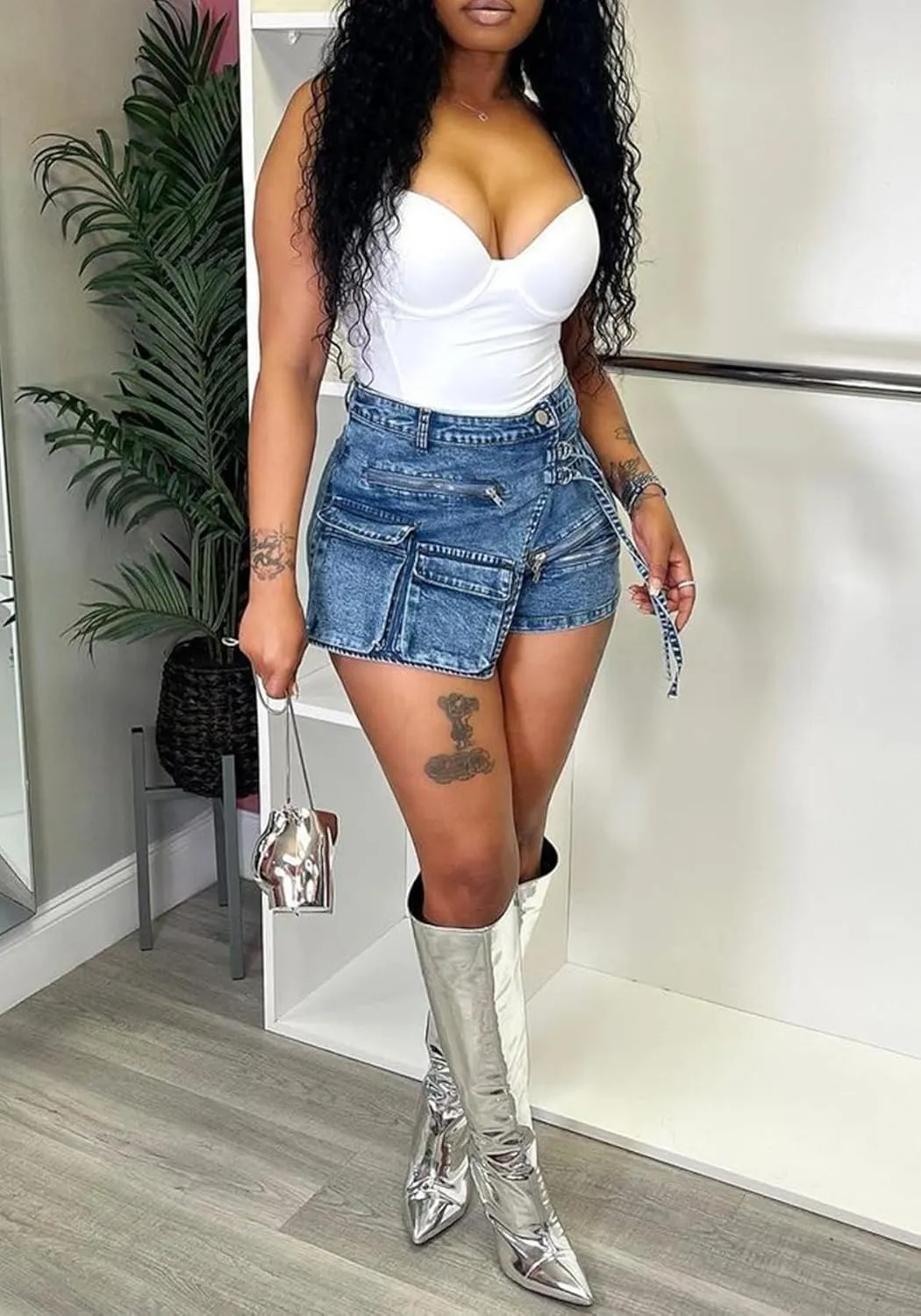 Womens Cargo Jean Shorts Y2K Mini Shorts Zip up High Waisted Stretch Denim Shorts with Pockets