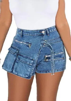 Womens Cargo Jean Shorts Y2K Mini Shorts Zip up High Waisted Stretch Denim Shorts with Pockets