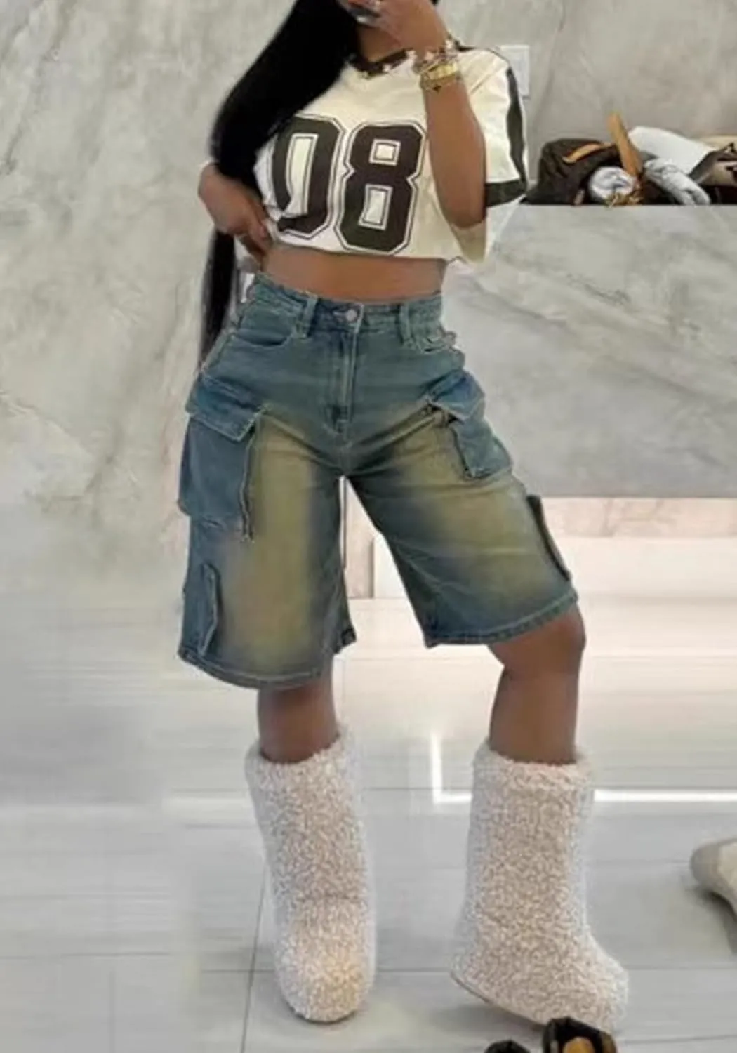Women’s Cargo Shorts Y2k High Waisted Jean Bermuda Shorts Straight Leg Denim Shorts Streetwear with Pockets