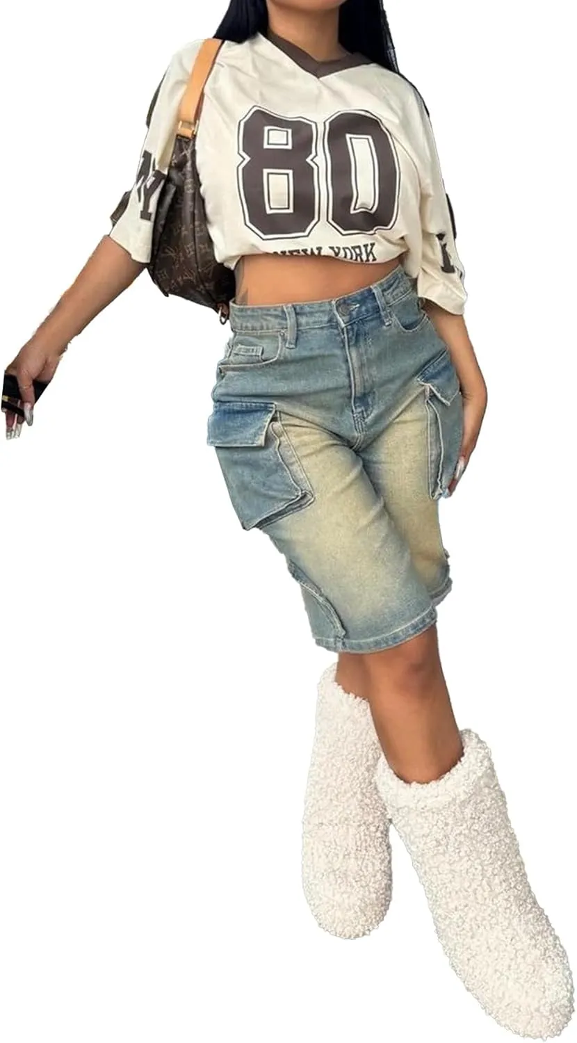 Women’s Cargo Shorts Y2k High Waisted Jean Bermuda Shorts Straight Leg Denim Shorts Streetwear with Pockets