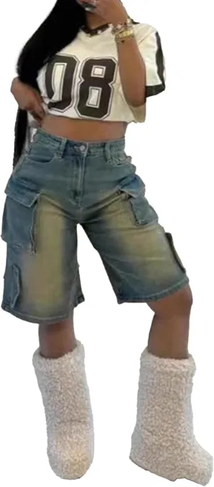 Women’s Cargo Shorts Y2k High Waisted Jean Bermuda Shorts Straight Leg Denim Shorts Streetwear with Pockets