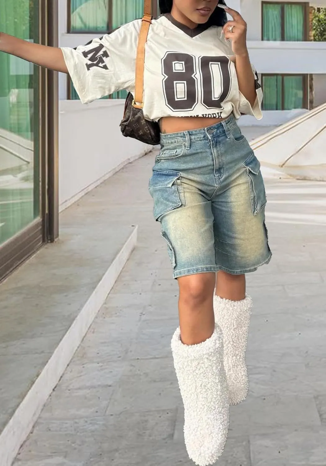 Women’s Cargo Shorts Y2k High Waisted Jean Bermuda Shorts Straight Leg Denim Shorts Streetwear with Pockets
