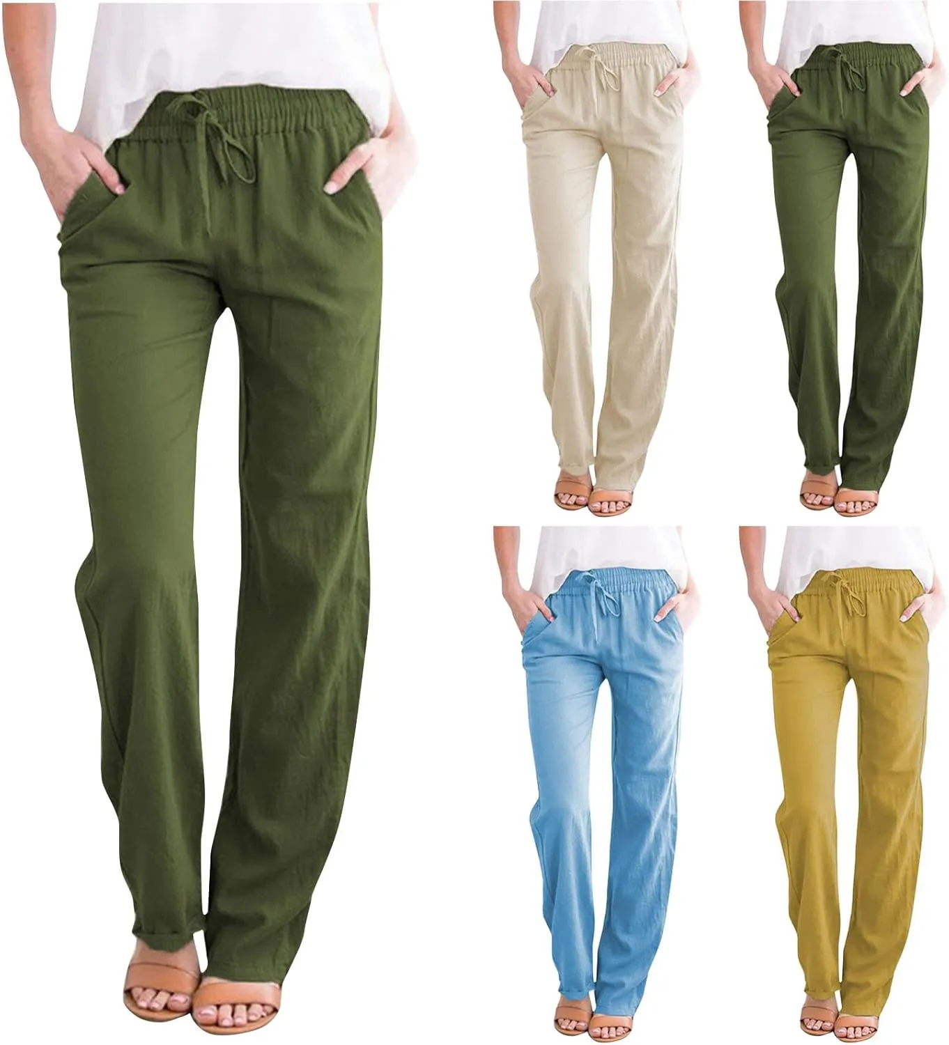 Womens Casual Cotton Linen Pants Lightweight Summer Elastic Waisted Drawstring Plus Size Solid Lounge Long Trousers