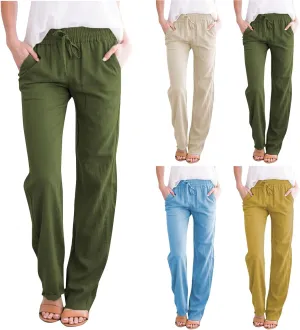 Womens Casual Cotton Linen Pants Lightweight Summer Elastic Waisted Drawstring Plus Size Solid Lounge Long Trousers