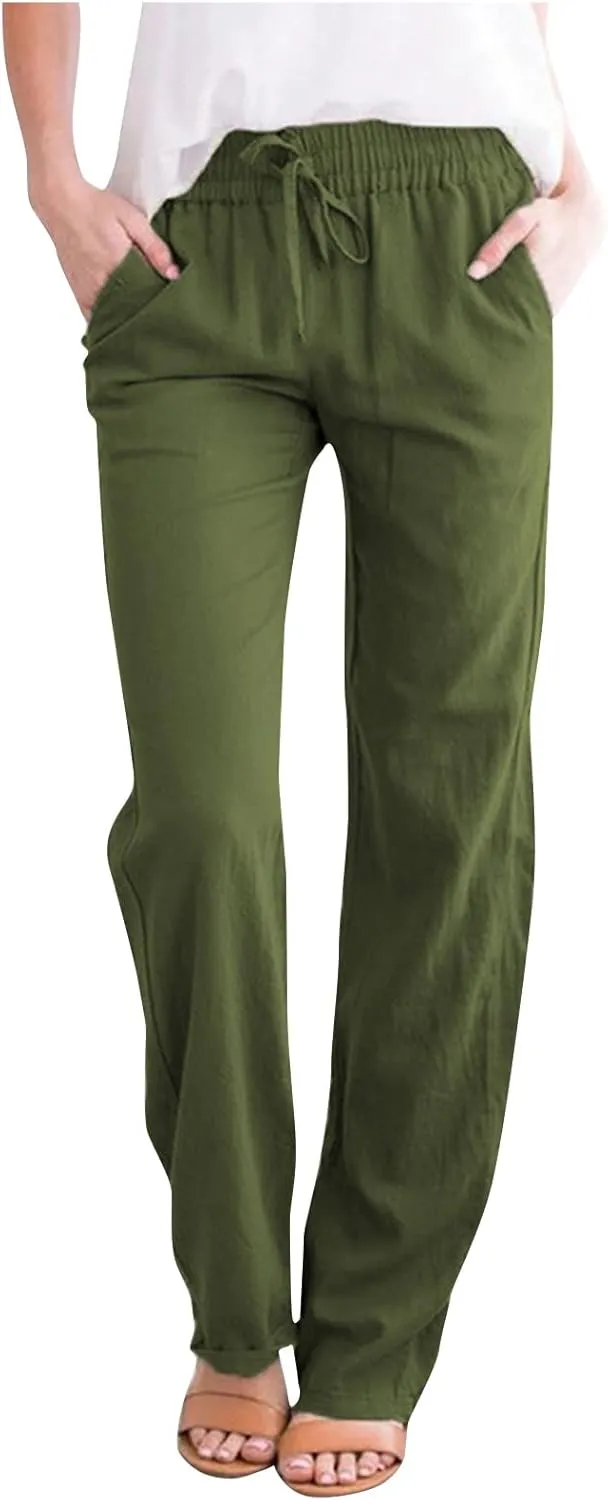 Womens Casual Cotton Linen Pants Lightweight Summer Elastic Waisted Drawstring Plus Size Solid Lounge Long Trousers