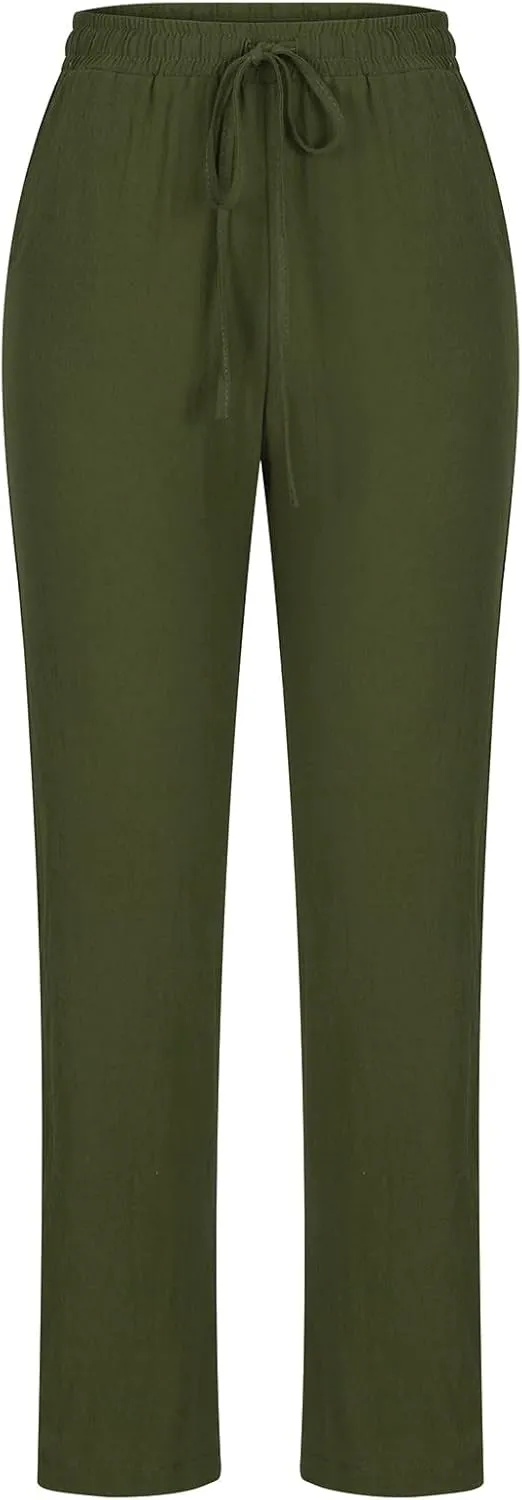 Womens Casual Cotton Linen Pants Lightweight Summer Elastic Waisted Drawstring Plus Size Solid Lounge Long Trousers