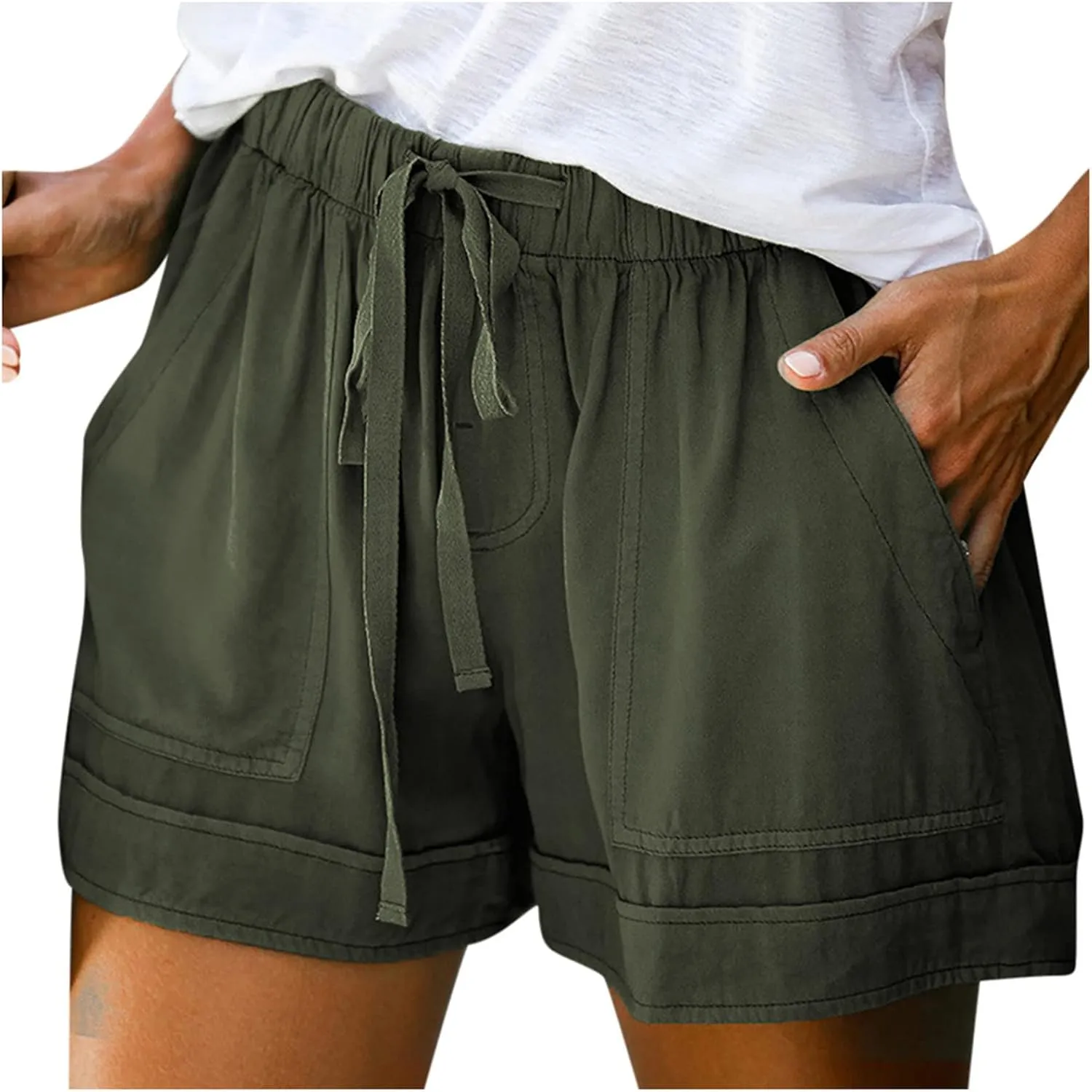 Women's Casual Elastic Waist Shorts Summer Comfy Drawstring Short Pants Lightweight Solid Color Shorts with Pockets