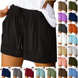 Women's Casual Elastic Waist Shorts Summer Comfy Drawstring Short Pants Lightweight Solid Color Shorts with Pockets