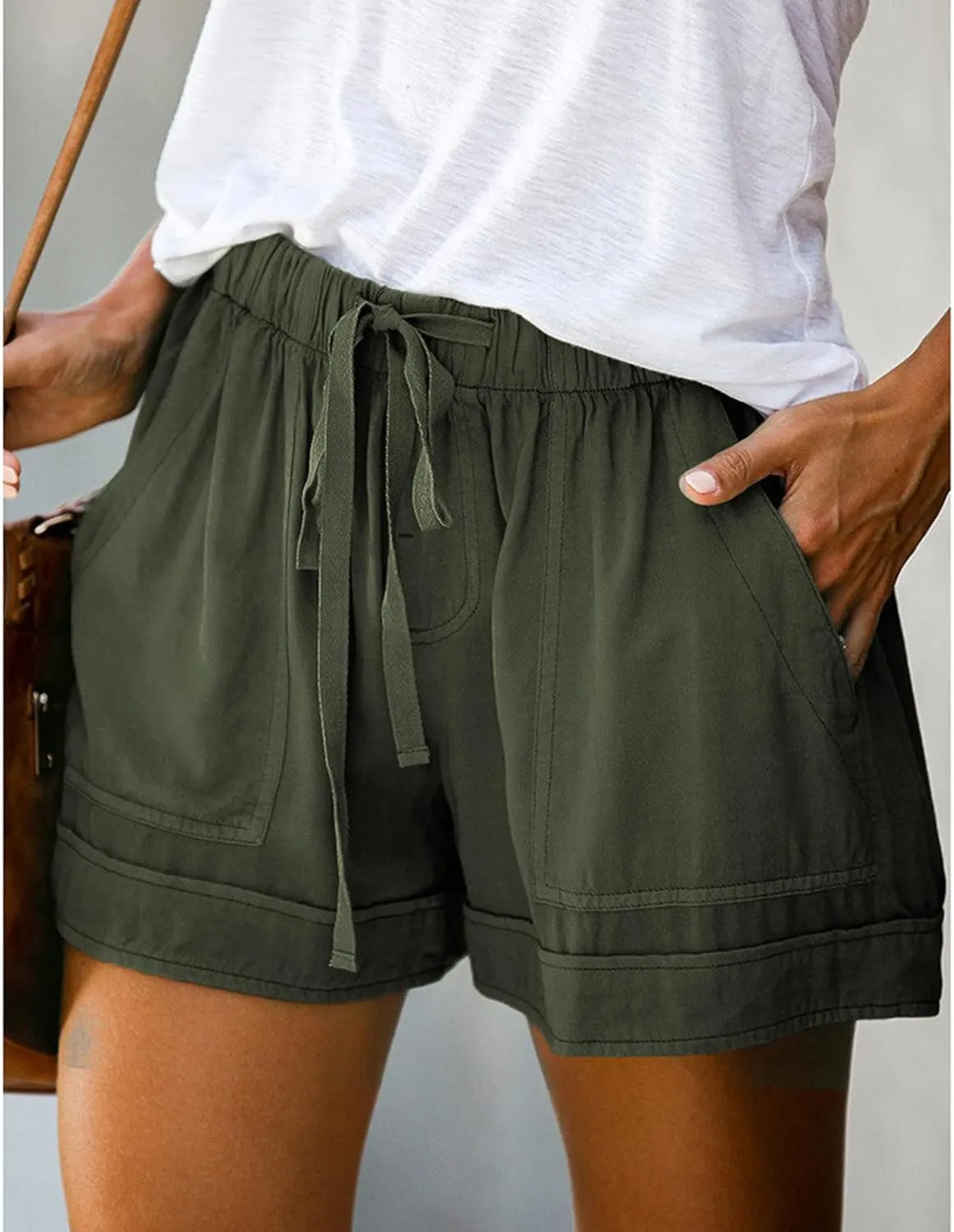 Women's Casual Elastic Waist Shorts Summer Comfy Drawstring Short Pants Lightweight Solid Color Shorts with Pockets
