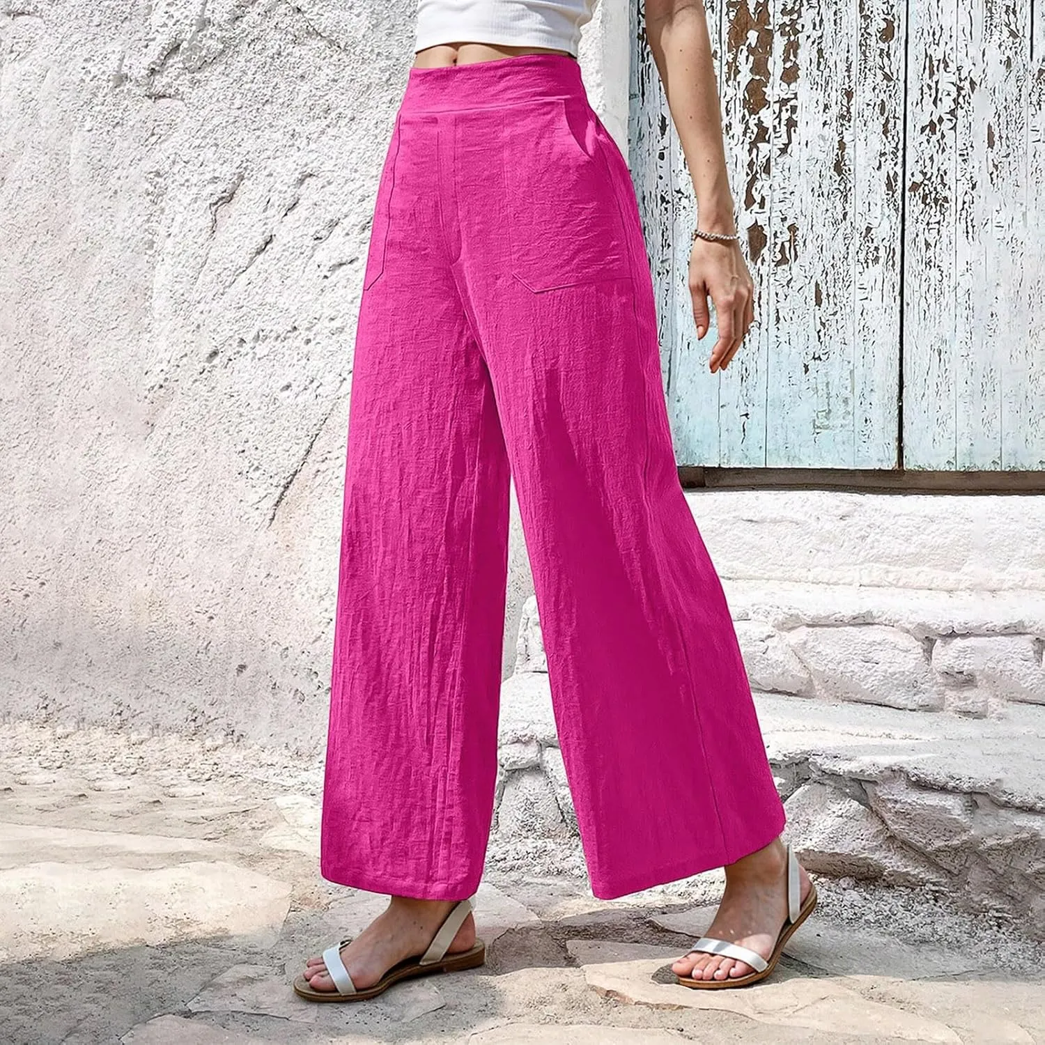 Womens Casual High Waisted Linen Pants Palazzo Lounge Beach Pants Travel Vacation Wide Leg Trousers with Pockets