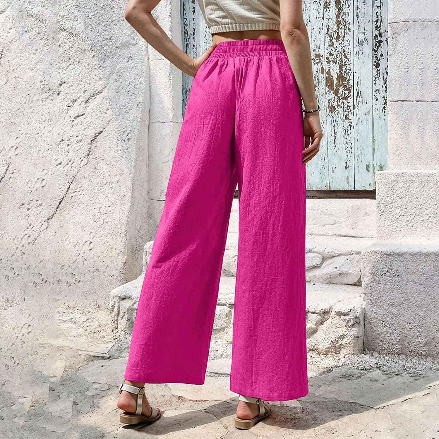Womens Casual High Waisted Linen Pants Palazzo Lounge Beach Pants Travel Vacation Wide Leg Trousers with Pockets