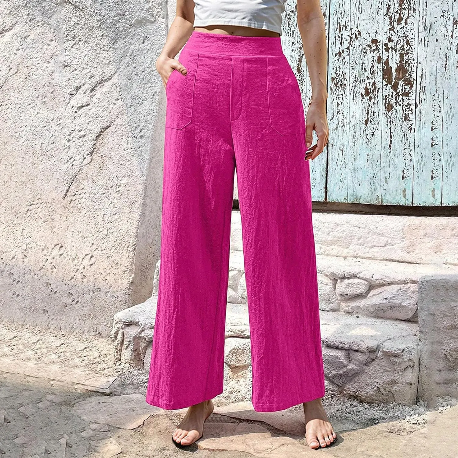 Womens Casual High Waisted Linen Pants Palazzo Lounge Beach Pants Travel Vacation Wide Leg Trousers with Pockets