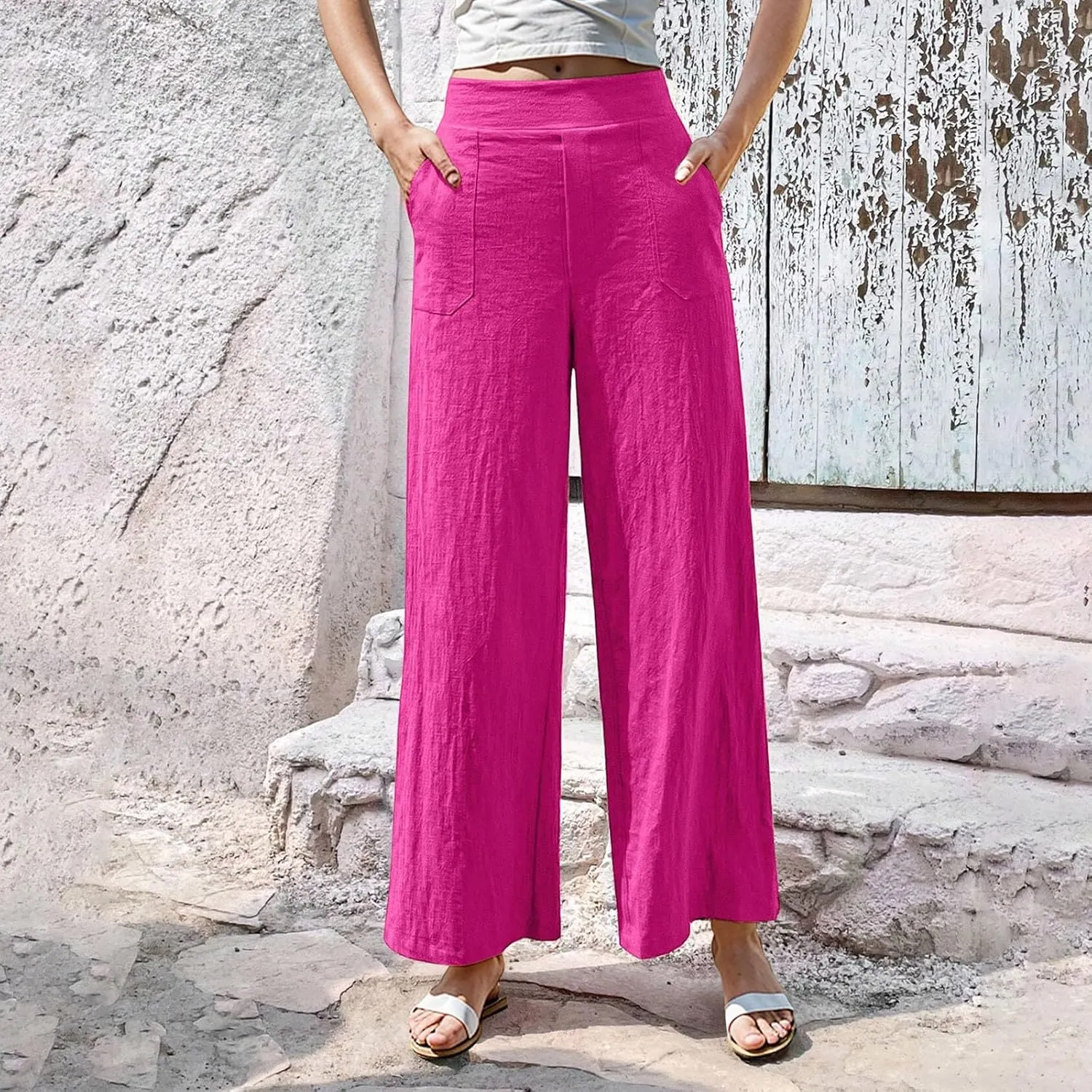 Womens Casual High Waisted Linen Pants Palazzo Lounge Beach Pants Travel Vacation Wide Leg Trousers with Pockets