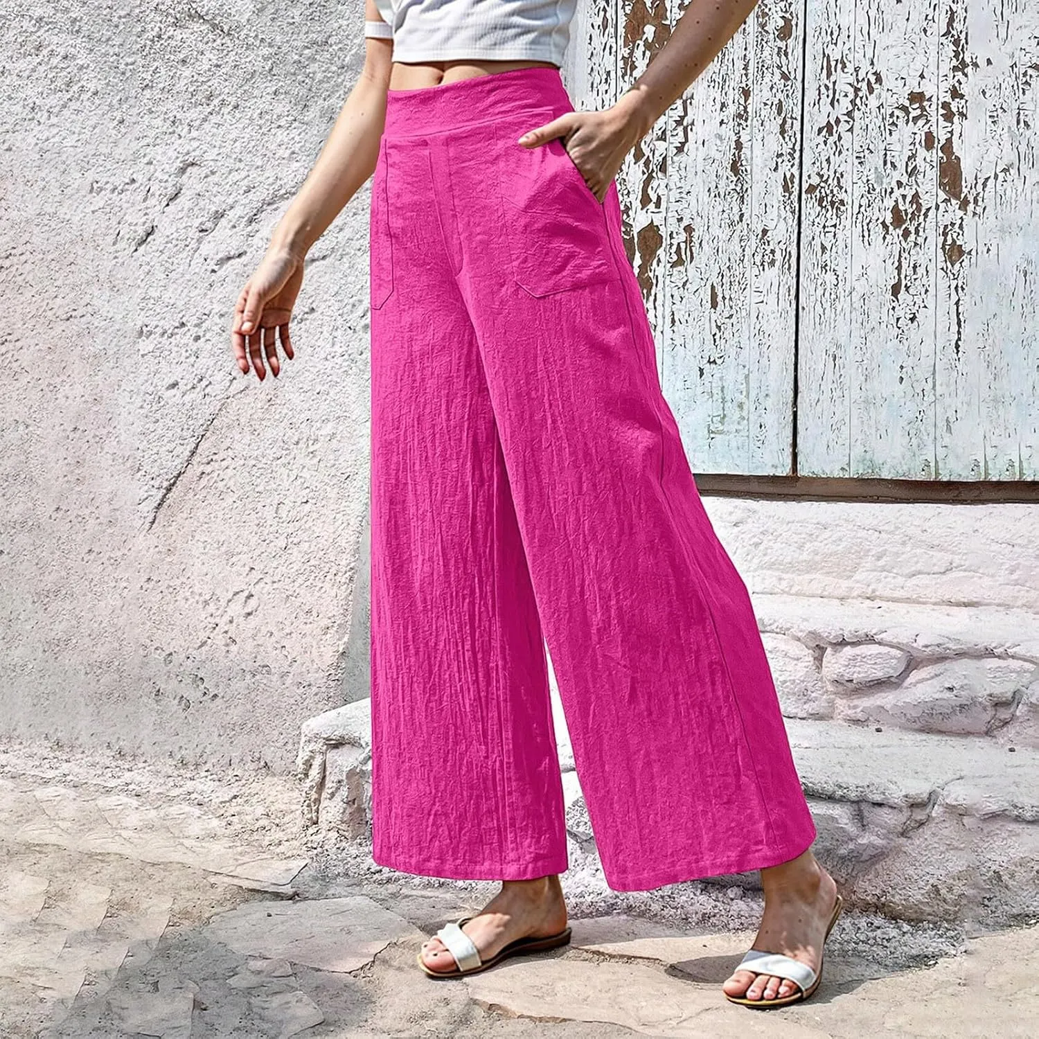 Womens Casual High Waisted Linen Pants Palazzo Lounge Beach Pants Travel Vacation Wide Leg Trousers with Pockets