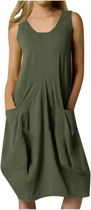 Women's Casual Linen Tunic Dress Mini Boho Sleeveless Summer Swing Beach Round Neck Tank T-Shirt Dresses with Pocket