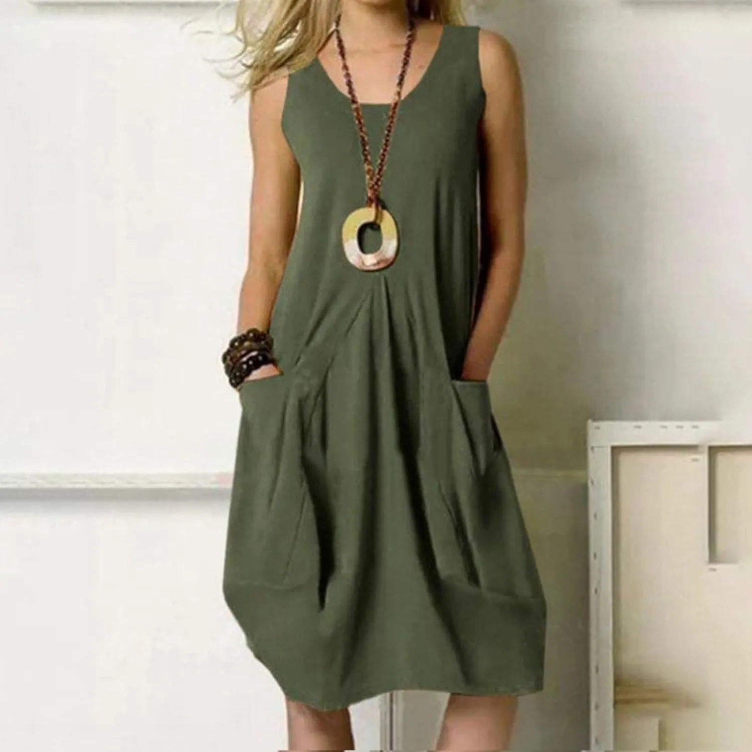 Women's Casual Linen Tunic Dress Mini Boho Sleeveless Summer Swing Beach Round Neck Tank T-Shirt Dresses with Pocket