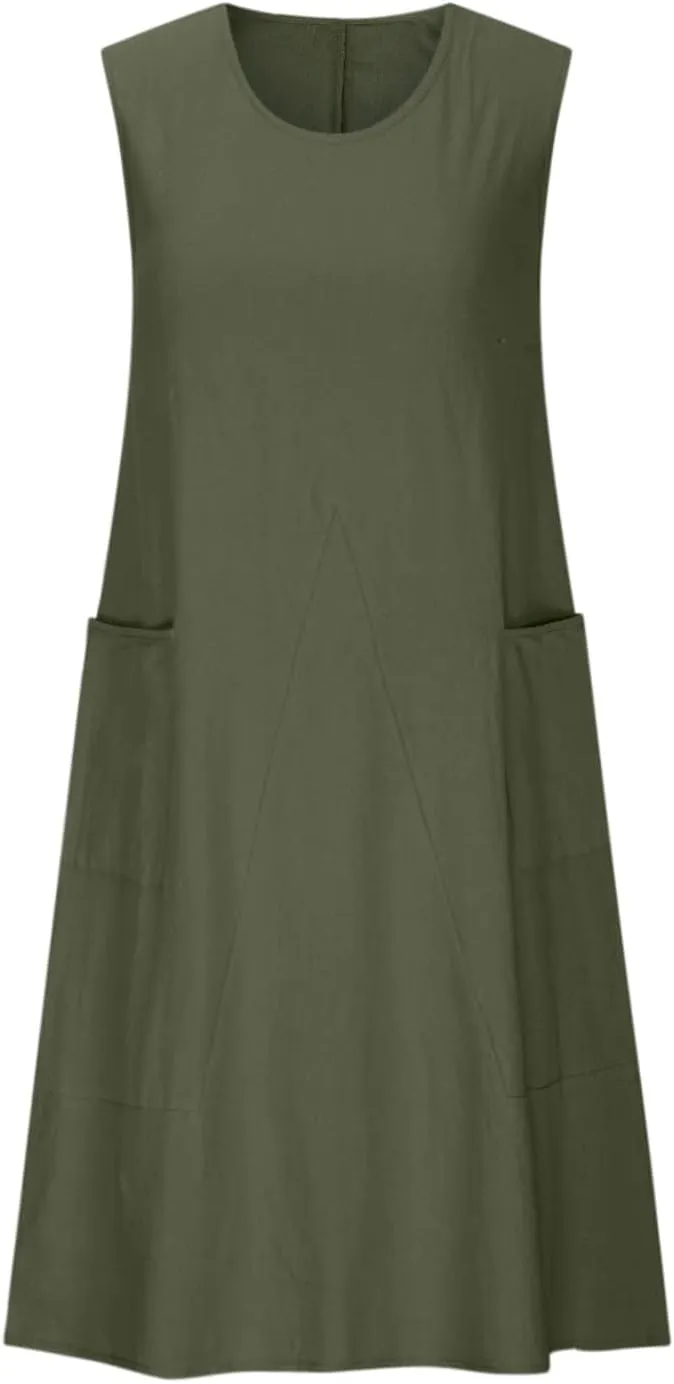 Women's Casual Linen Tunic Dress Mini Boho Sleeveless Summer Swing Beach Round Neck Tank T-Shirt Dresses with Pocket