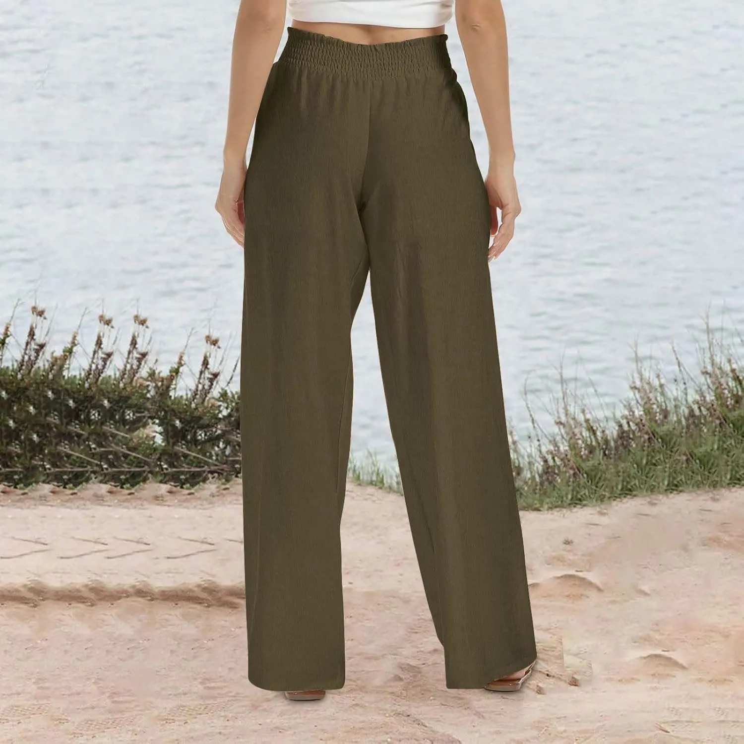 Women's Casual Loose Pants Wide Leg Elastic High Waisted Straight Leg Linen Pants Solid Color Running Workout Trouser
